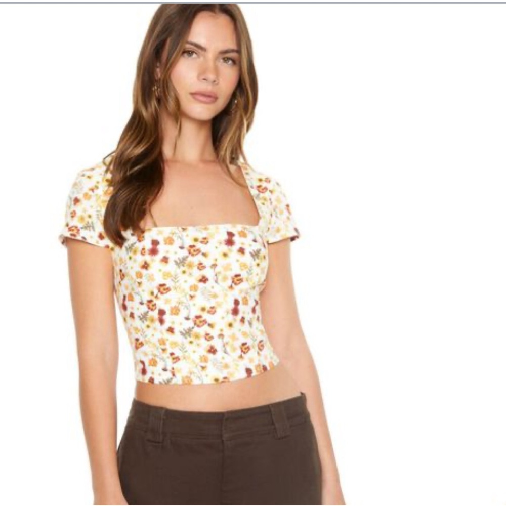 F21 Floral Print Women's Short Sleeve Crop Top, Small - Picture 2 of 7